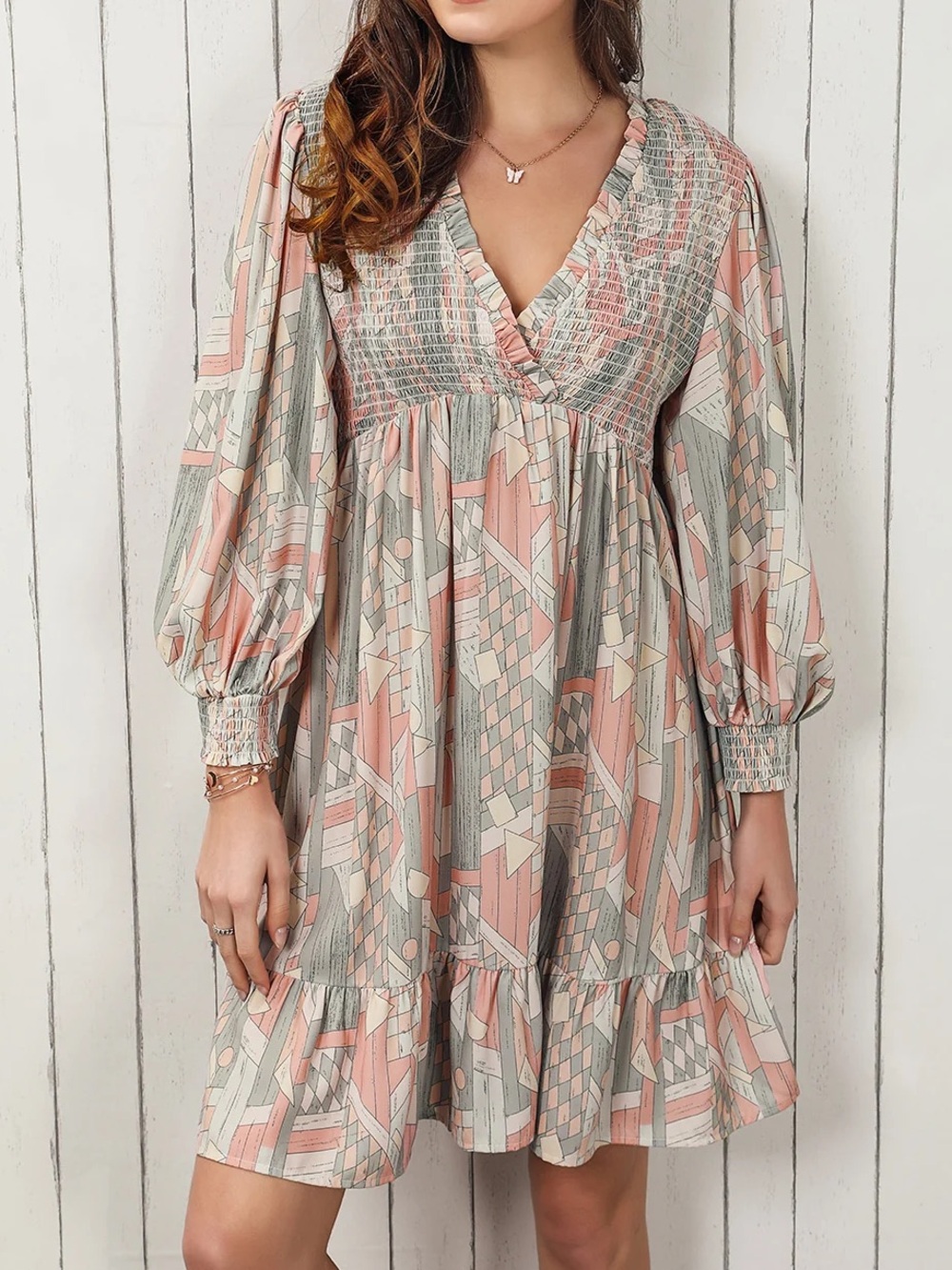 Boho Abstract Print Shirred V Neck Ruffle Mini Dress - small